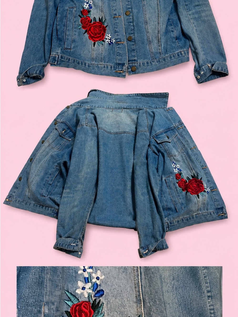 Say What? XL Embroidered Rose Denim Jacket - Floral Cottagecore Coquette Chic